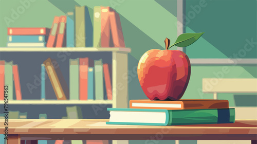 Apple with school books on table in classroom Vectot photo