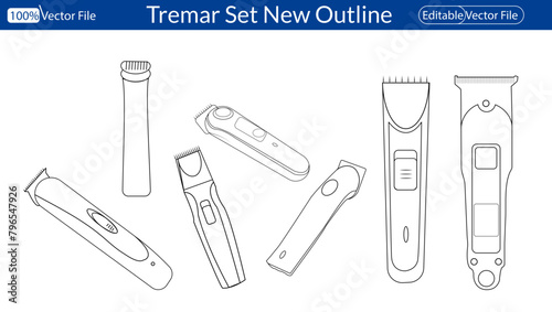  Barber tool with accessories. Electric haircut machine. Hairdresser instrument in side, top views. Vector illustration. Vector scissors or curling iron. Isolated hair clipper. trimmer vector line art