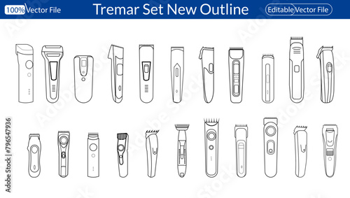 Barber tool with accessories. Electric haircut machine. Hairdresser instrument in side, top views. Vector illustration.  Vector scissors or curling iron. Isolated hair clipper. flat 3d blue trimmer.