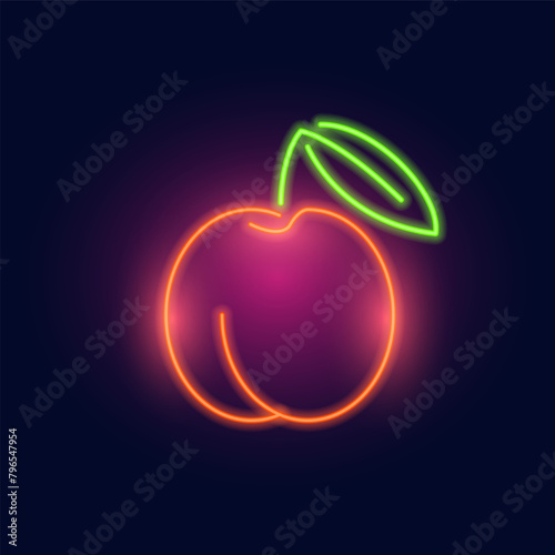 Fashion peach, neon sign. Night bright signboard, Glowing light fruit . Summer logo, emblem for Club or bar concept