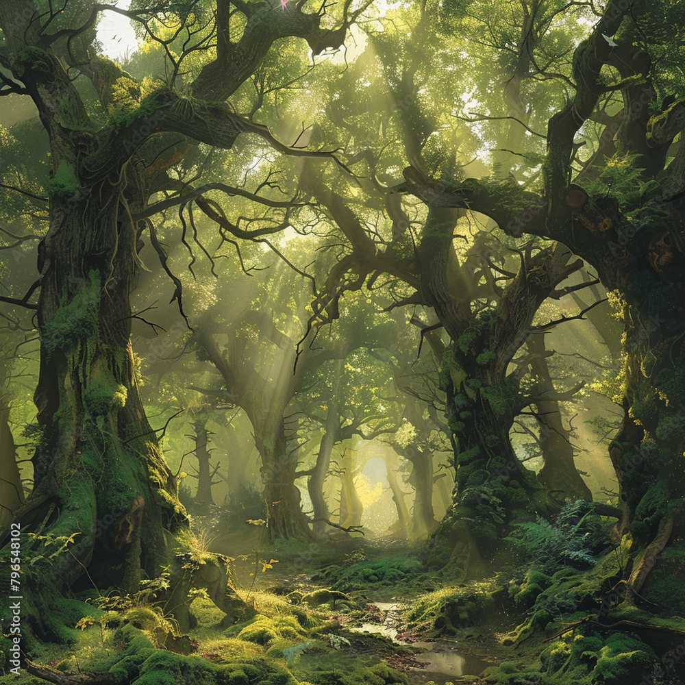 Enigmatic Woodland: Ancient Trees Veiled in Mist, Sunlight Filtering Through Canopy to Illuminate Vibrant Moss-Covered Patches