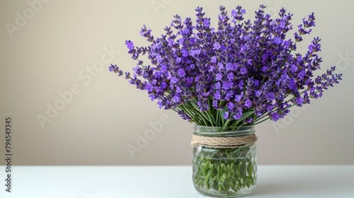   A vase, brimming with purple blooms, sits atop a pristine white table Nearby, a white wall stands, and the vase's rim is enc photo