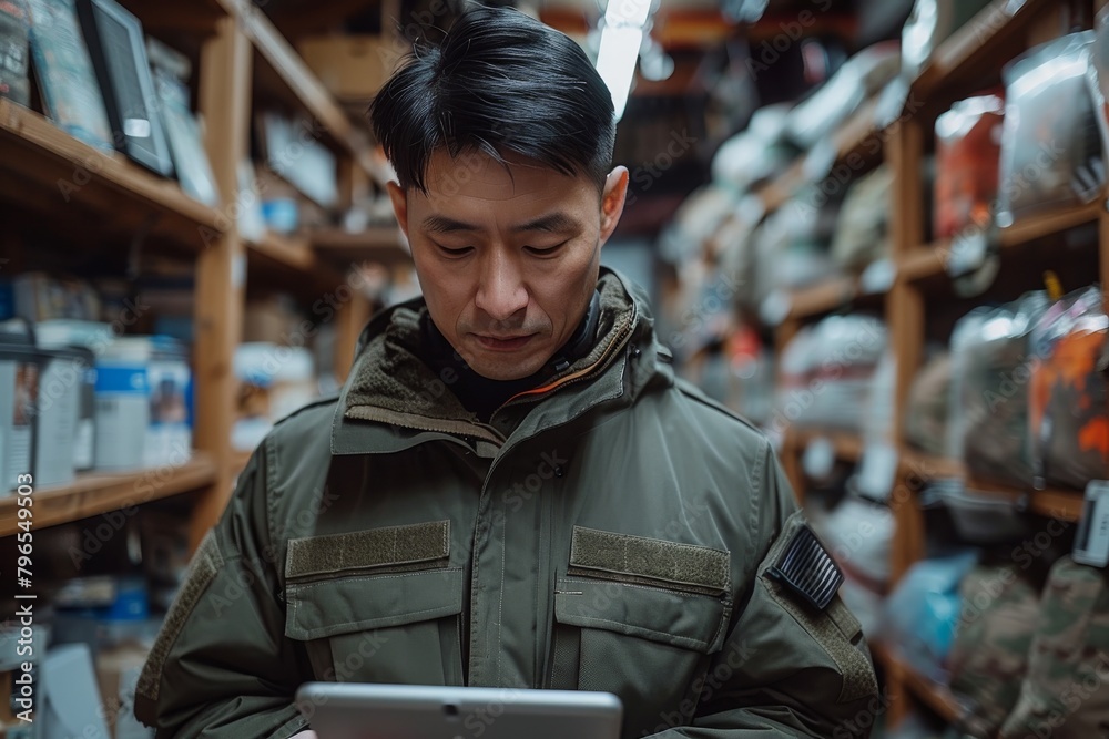 A male in military attire is engrossed in a tablet, surrounded by an array of military gear inside a shop A male in military attire is engrossed in a tablet, surrounded by an array of military gear inside a shop