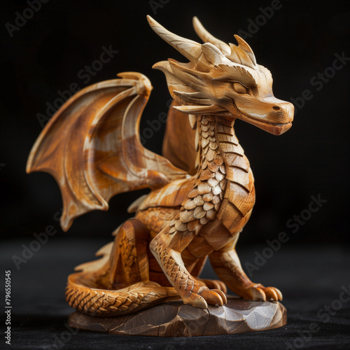 Power and kindness. Сollectible figurine of a wooden dragon on a black background

