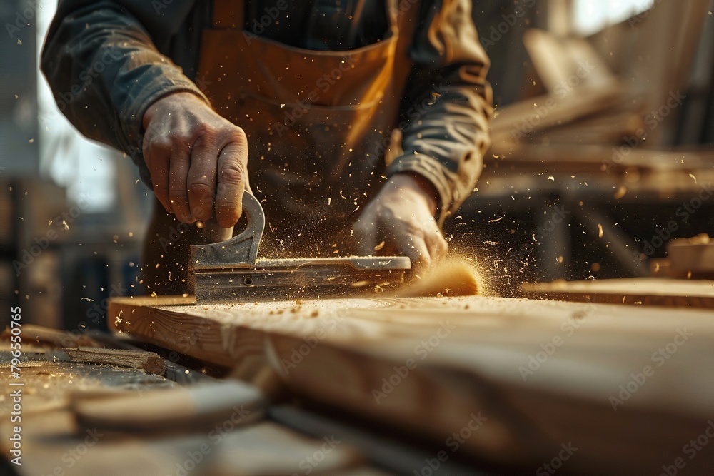 Close up carpenter hands working with wooden plank, wood in a carpentry workshop. Joiner works using manual and electric equipment. Man doing woodwork professionally. Manufacturer, maker construction Close up carpenter hands working with wooden plank, wood in a carpentry workshop. Joiner works using manual and electric equipment. Man doing woodwork professionally. Manufacturer, maker construction