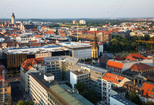 Aerial view of Leipzig, Saxony, Germany at sunset