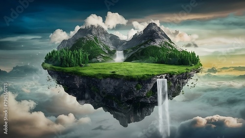 Flying land with beautiful landscape, green grass and waterfalls mountains