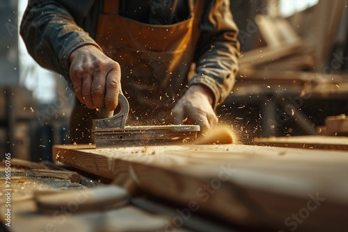 Close up carpenter hands working with wooden plank, wood in a carpentry workshop. Joiner works using manual and electric equipment. Man doing woodwork professionally. Manufacturer, maker construction