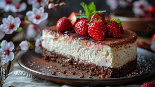   A plate holds a slice of cheesecake topped with strawberries, accompanied by a bouquet of flowers nearby