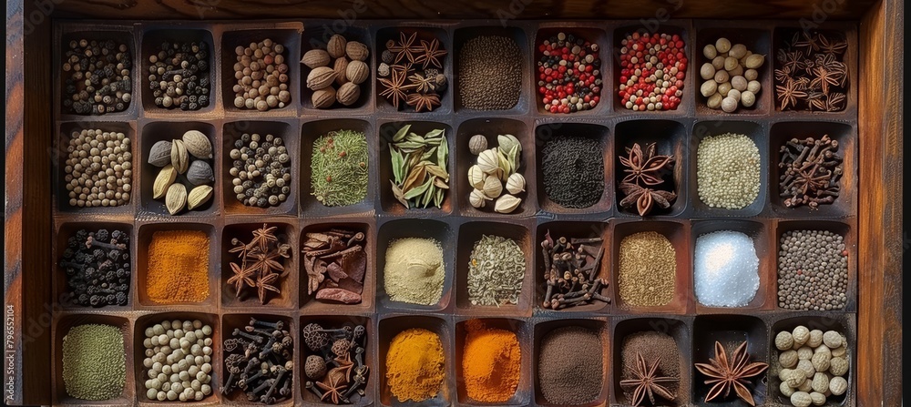 Colorful spice palette with assorted seasonings in small bowls for culinary inspiration