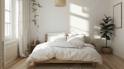 Scandinavian Bedroom Light wood  white linens  and minimal decor. Cozy and clutter-free.