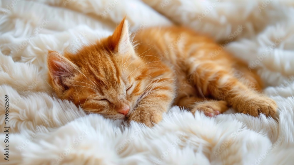 Cute little red kitten is sleeping on soft white blanket