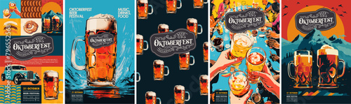 Oktoberfest. Beer Festival. Vector illustration of german holiday, table, people and hands holding glasses, mugs of beer and pattern for poster, background or flyer	