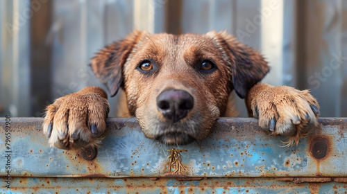 A brown dog with soulful eyes peers over a metal barrier, capturing a moment of longing and the hope of companionship at a shelter
