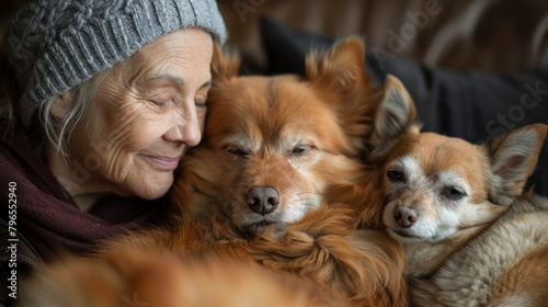 In a soft-lit room, the calming presence of a dog offers solace to an older adult, showcasing therapeutic animal companionship. © 18042011