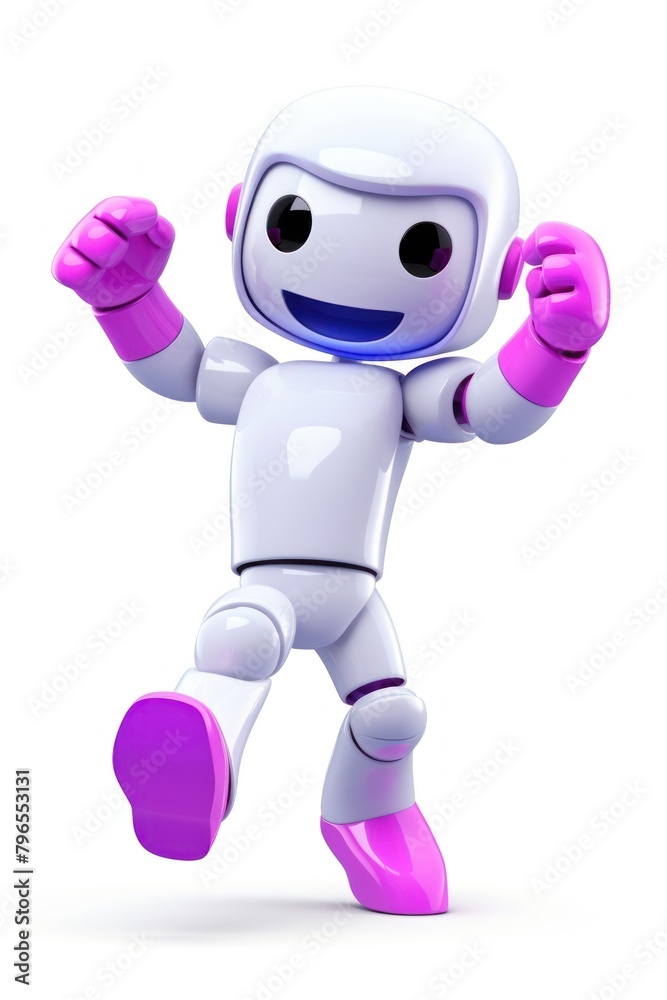 Fototapeta premium A cute 3d cartoon man with white computer head robot pink white background.