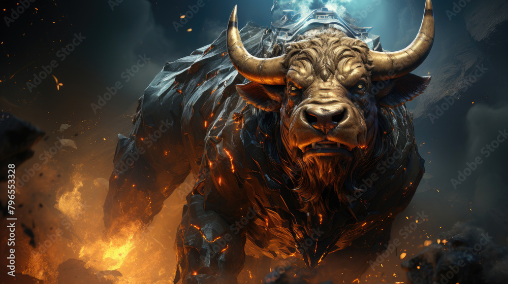 A minotaur, with glowing eyes, standing in a fiery, smoky setting. A minotaur, with glowing eyes, standing in a fiery, smoky setting.