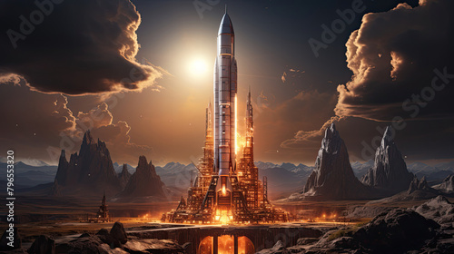 A digital painting of a futuristic city with a large rocket in the center. © Autaporn