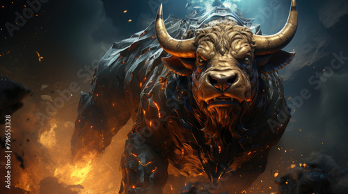 A digital painting of a minotaur, with glowing eyes, standing in a fiery, smoky setting.