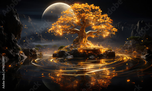 A mystical golden tree grows on a small island in the middle of a lake. The tree is surrounded by a glowing golden mist, and there is a full moon in the background.