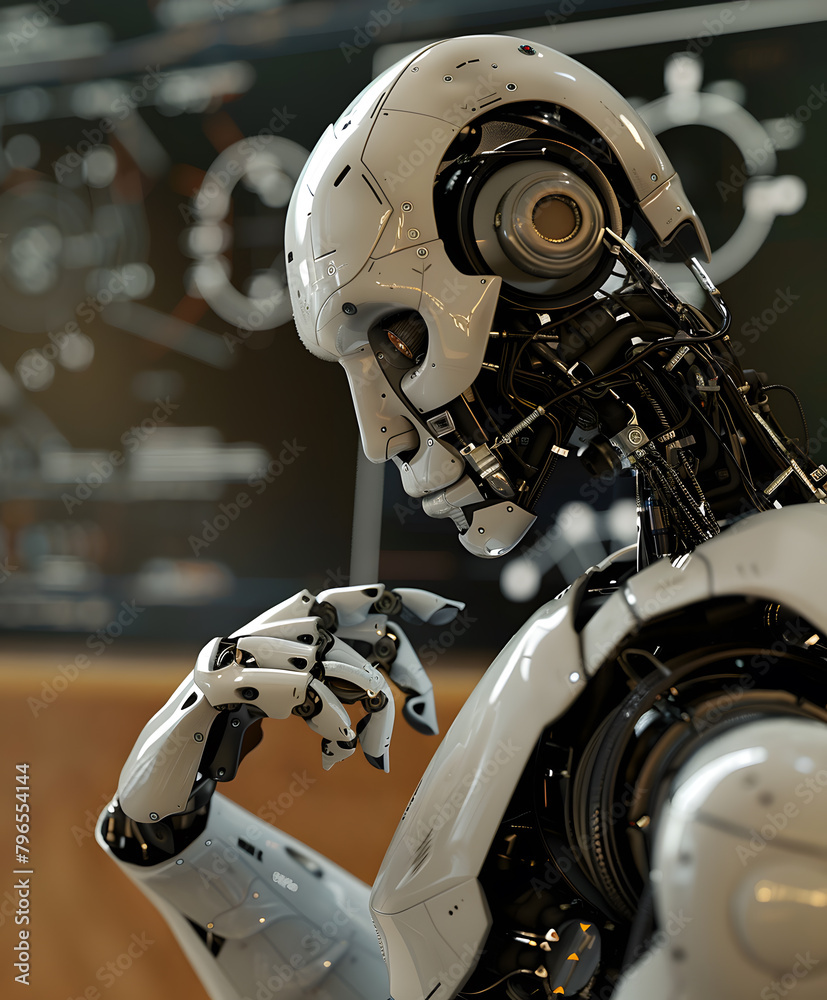 Fototapeta premium In the context of future mathematics artificial intelligence, a robot reading a book 