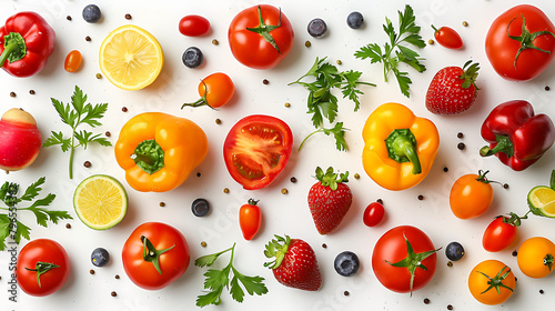 Healthy eating background   studio photography of different fruits and vegetables isoleted on white backdrop  top view  High resolution product