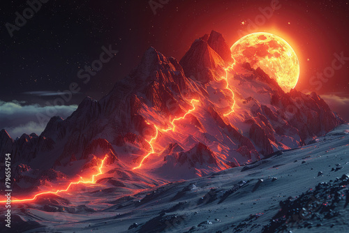 Lava Mountain Landscape with a Large Red Moon