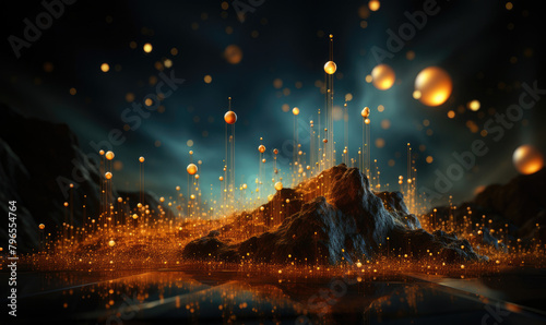 Molten metal droplets suspended in midair above a rocky surface. photo