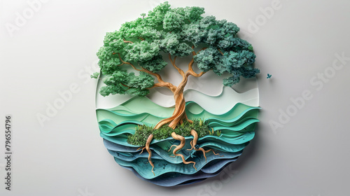 Paper art Green tree circle, environmental cycle imagery, conservation message, Earth day concept.