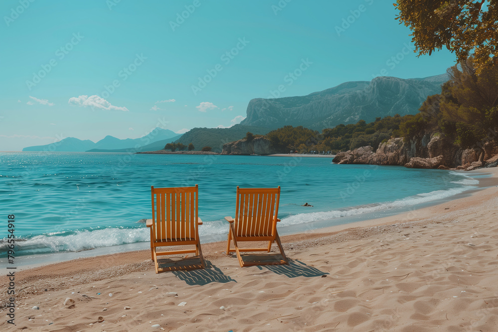 Row of Chairs on Sandy Beach