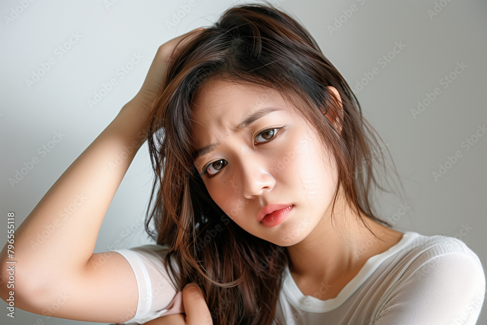 Pensive Young Woman Against a Grey Background