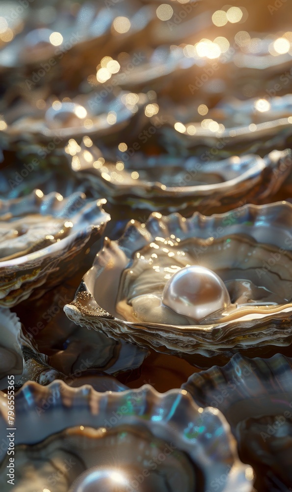 Pearls nestled in an oyster shell, gleaming softly.