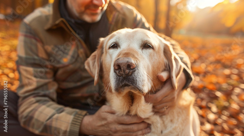 Man petting his elderly dog. devoted labrador retriever having a pleasant autumnal day with his owner
