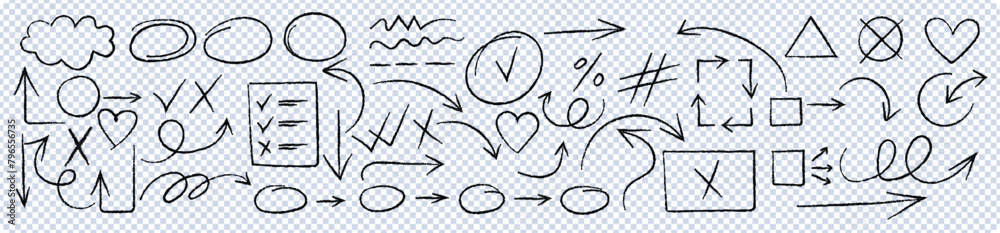 Set of Doodle sketch elements, Sketch line arrow element, Arrow, heart brush decoration. Vector illustration.