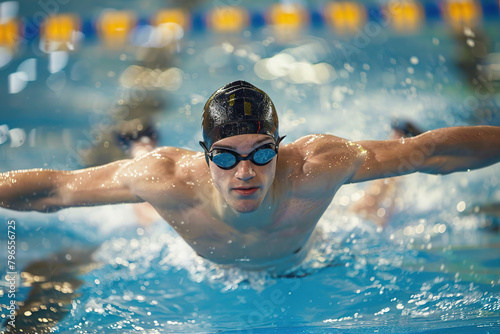 Male Swimmer Swimming in Swimming Pool. Professional Determined Athlete Training for the Championship, using Butterfly Technique. Dynamic Fit Young Man in Cap Performing the Butterfly Stroke at Pool.