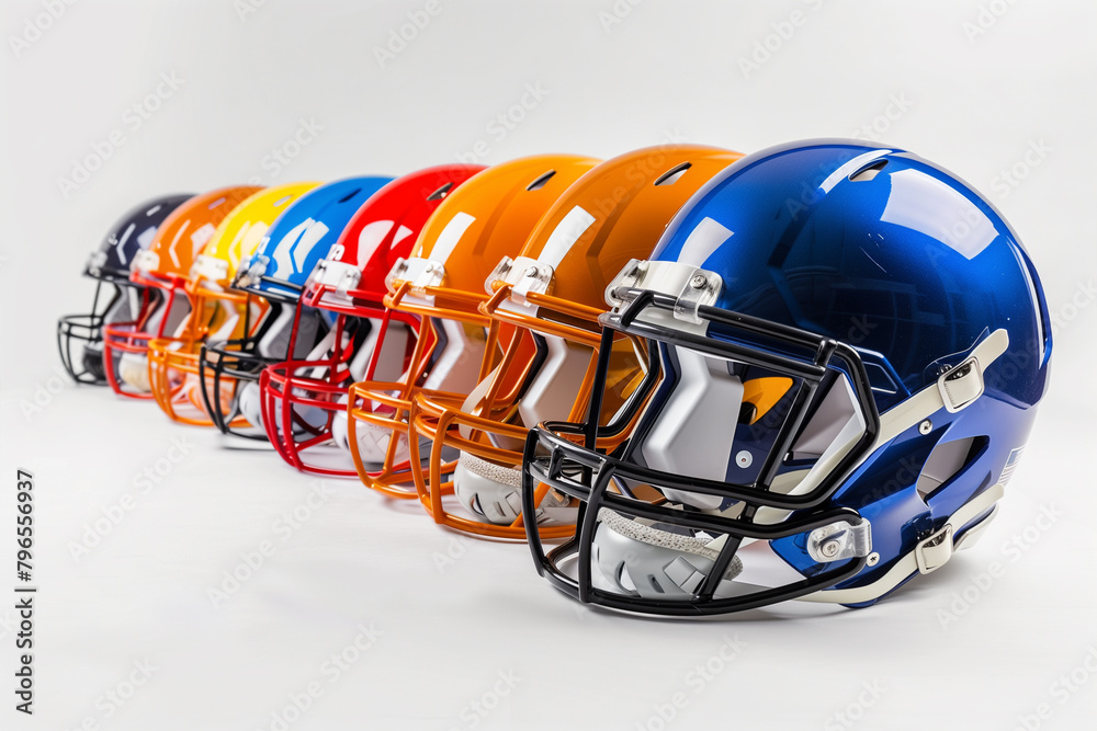 Fototapeta premium Stack of Football Helmets Ready for Action