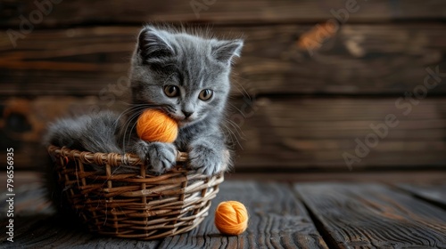 A fluffy, gray kitty plays with a bright orange ball of yarn against a dark wooden background. A basket filled with colorful knitting balls rests nearby photo