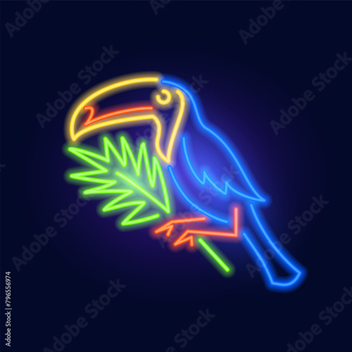 Fashion neon sign. toucan bird on a branch. Night bright signboard, Glowing light. Summer logo, emblem for Club or bar concept