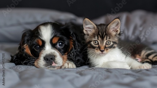 A playful King Charles puppy and a lovely Scottish kitten rest on a bed in a wide photo for a banner