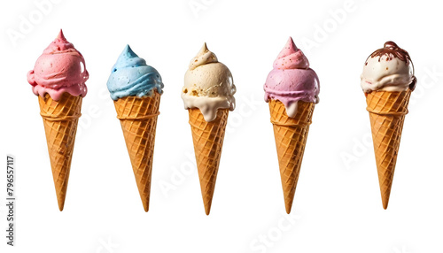 Ice cream scoop on waffle cone on transparent background cutout, PNG file. Many assorted different flavour Mockup template for artwork design.