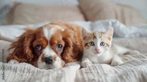 A playful King Charles puppy and a lovely Scottish kitten rest on a bed in a wide photo for a banner