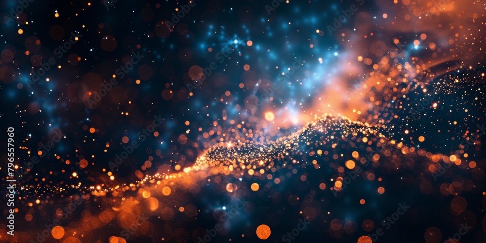 A blurry image of a starry sky with orange and blue colors
