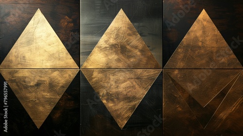 Three panels of elegance with black and gold triangles each layer casting its own shadow