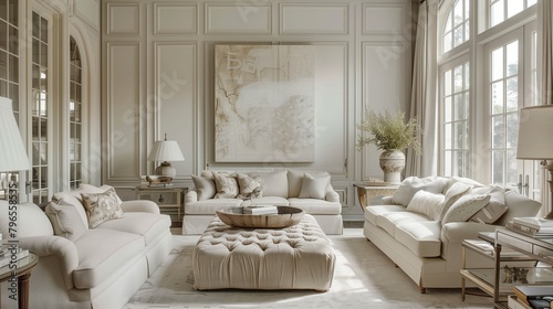 Use neutral color palettes like white, beige, or light gray for walls and furniture. photo