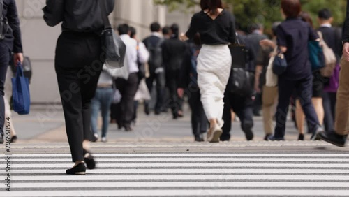 横断歩道を渡り朝の通勤するビジネスマンたちの後ろ姿　東京 photo