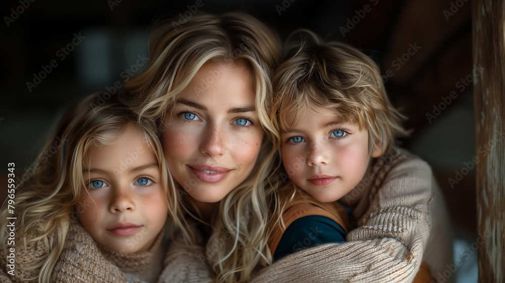 a portrait of a tender mother and children; A tender moment is captured between a mother with wavy blonde hair and her two young children, all sharing striking blue eyes and cozy sweaters