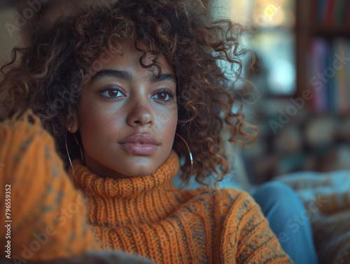 Contemplative Person in Orange Turtleneck with Hoop Earrings