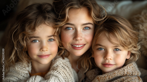a portrait of a tender mother and children  A tender moment is captured between a mother with wavy blonde hair and her two young children, all sharing striking blue eyes and cozy sweaters © 하양이 블루