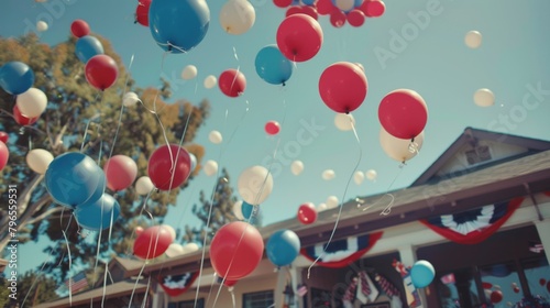 Patriotic Celebration with Red, White, and Blue Balloons Soaring Skyward