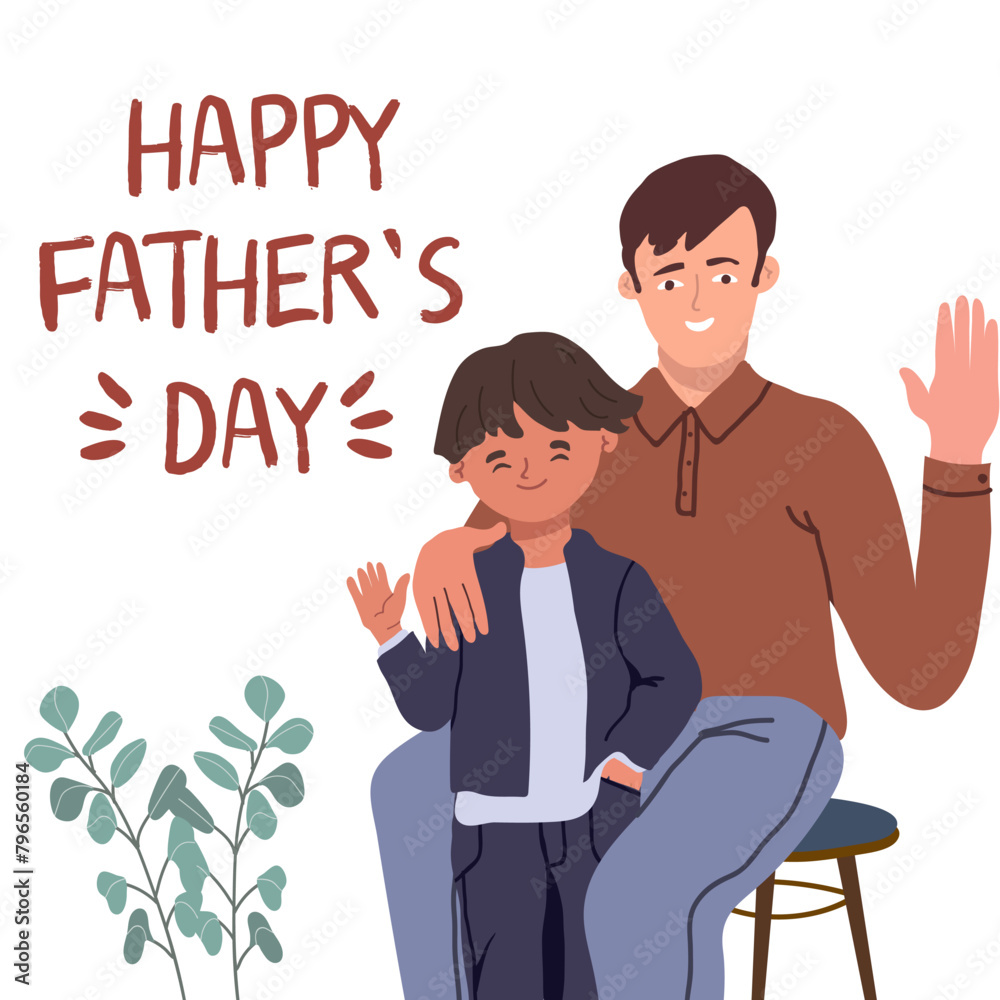 Happy father and child having fun, posing for photos, waving, greeting. Flat illustration hand drawing on white background. Happy father's day postcard. Happy father and child having fun, posing for photos, waving, greeting. Flat illustration hand drawing on white background. Happy father's day postcard.